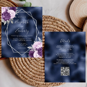 Budget Navy Lilac Silver Floral QR Code Wedding