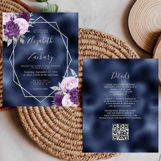 Budget Navy Lilac Silver Floral QR Code Wedding (Creator Uploaded)