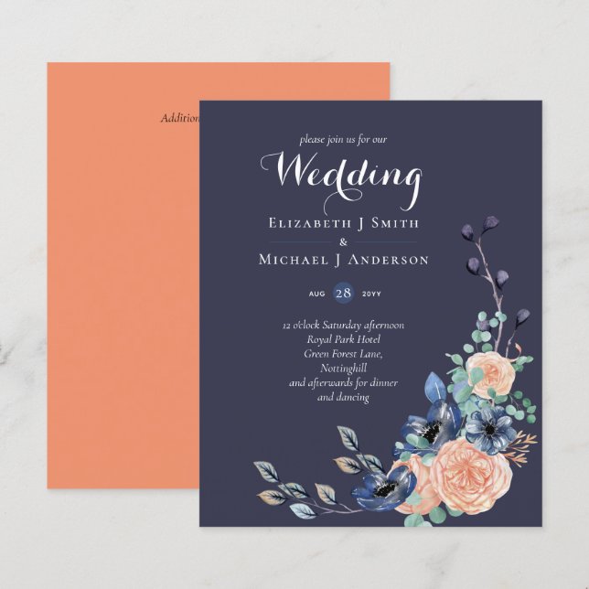 BUDGET Navy Peach Floral Wedding Invitation (Front/Back)