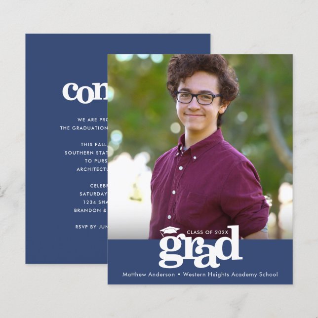 Budget Navy Photo Graduation Bold Cap Invitation (Front/Back)