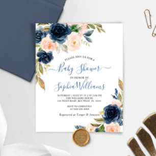 Budget Navy & Pink Floral Baby Shower Invitation