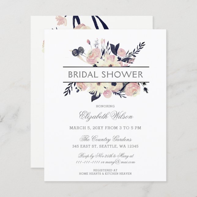 Budget Navy Pink Floral Bridal Shower Invitation (Front/Back)