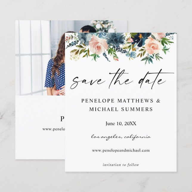 Budget Navy & Pink Floral Save the Date V2 Photo (Front/Back)