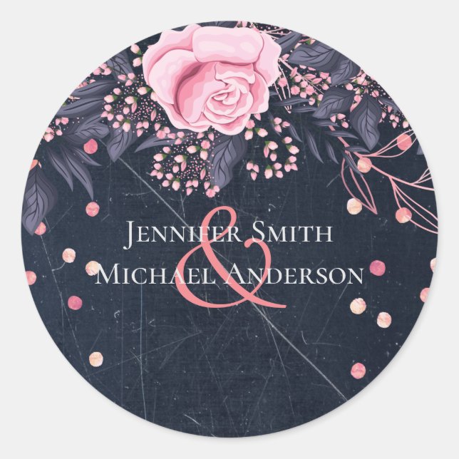 BUDGET Navy Pink Rosegold Wedding Floral Classic Round Sticker (Front)