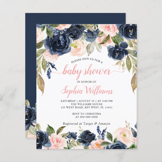 Budget Navy & Pink Roses Baby Shower Invitation (Front/Back)