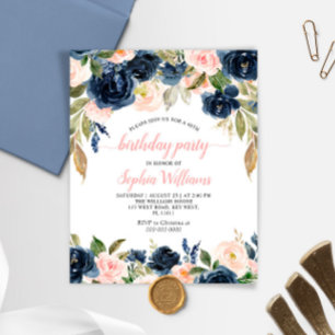 Budget Navy & Pink Roses Birthday Party Invitation