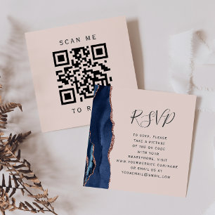 Budget Navy Rose Gold Agate Blush QR Code RSVP Enclosure Card