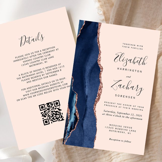 Budget Navy Rose Gold Agate Blush QR Code Wedding (Creator Uploaded)