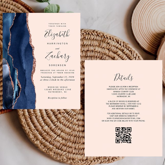 Budget Navy Rose Gold Agate Blush QR Code Wedding (Creator Uploaded)