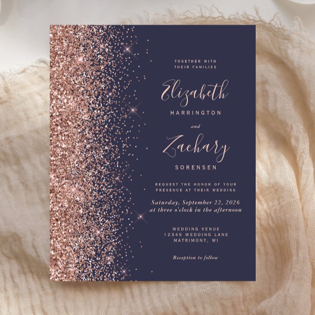 Budget Navy Rose Gold Glitter Wedding Invitation (Creator Uploaded)