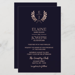 Budget Navy Rose Gold Monogram Wedding Invitations