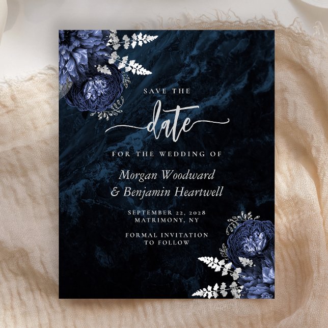 Budget Navy Silver Floral Wedding Save the Date (Creator Uploaded)