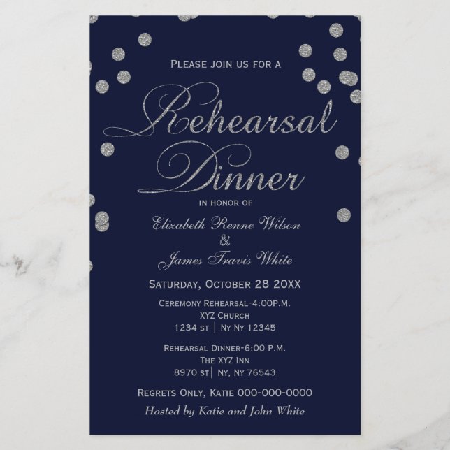 Budget Navy Silver Glitter Rehearsal Dinner invite (Front)