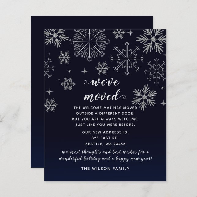 Budget Navy Snowflakes We've Moved Holiday Cards (Front/Back)