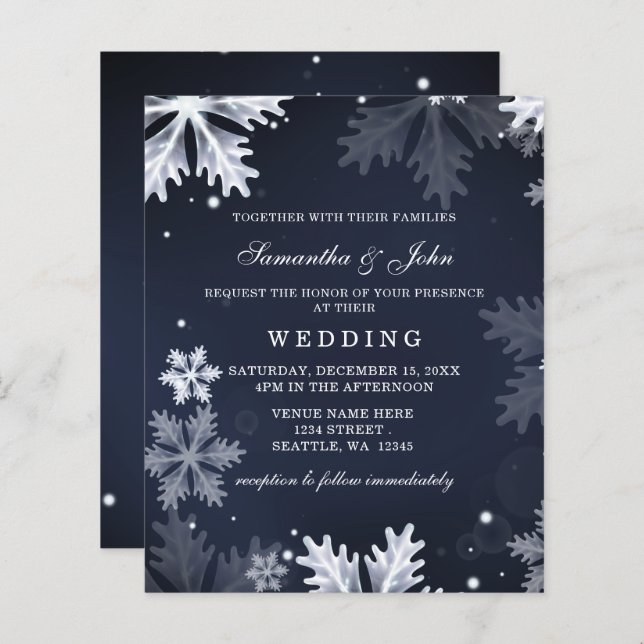 Budget Navy Snowflakes Winter Wedding invitation (Front/Back)