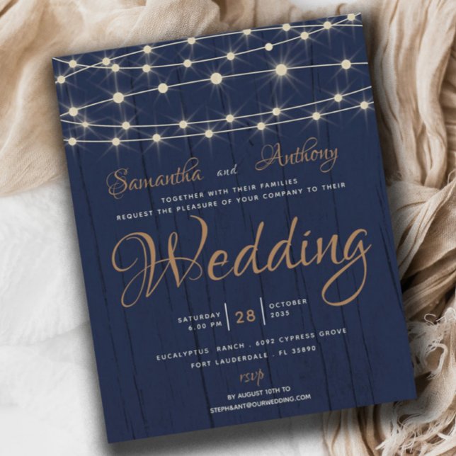 Budget Navy String Lights RSVP  Wedding Invitation (Creator Uploaded)