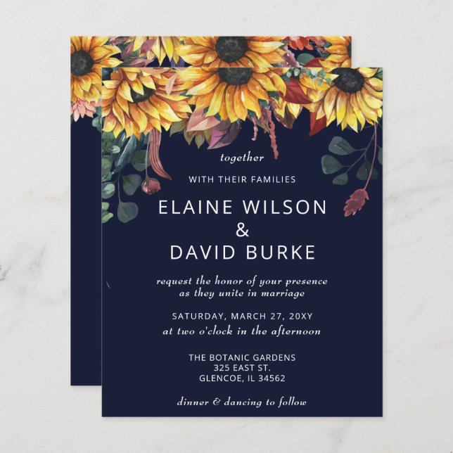  Budget Navy Sunflowers Wedding Invitation (Front/Back)