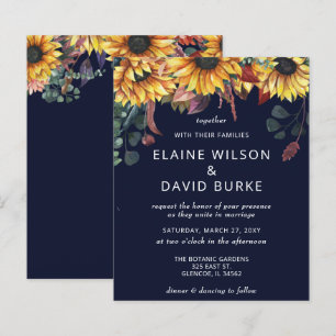 Budget Navy Sunflowers Wedding Invitation
