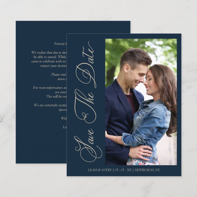 Budget Navy Wedding Photo Wimshical Script  (Front/Back)