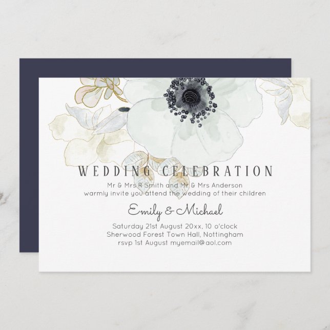 BUDGET Navy White Gold Floral Wedding Invite (Front/Back)