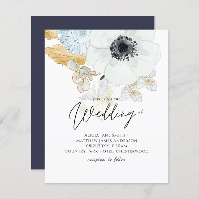 BUDGET Navy White Gold Floral Wedding Invite (Front/Back)