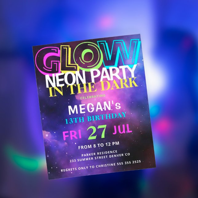 Budget neon glow teens birthday party invitation (Creator Uploaded)
