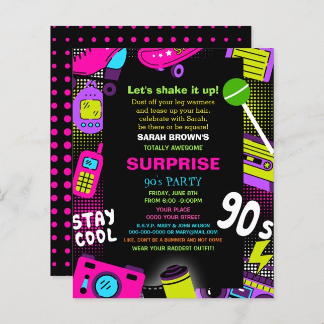 Budget Neon Retro 90s Birthday Party Invite (Front/Back)