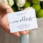 Budget new address script moving announcement<br><div class="desc">Simple elegant minimalist black and white new address handwriting calligraphy script budget affordable moving announcement small card.           Easy to personalise with your new home address.</div>