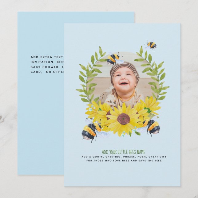 BUDGET New Baby PHOTO Gifts Sunflowers Bees Invitation (Front/Back)