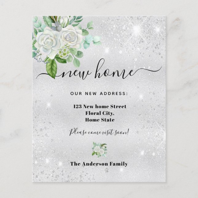 Budget new home address silver floral annoucement (Front)