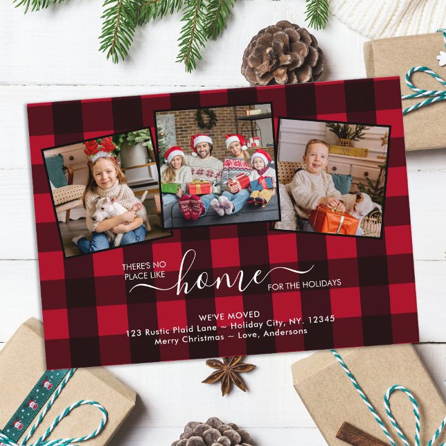 Budget New Home Holidays Red Plaid 3 Photo Moving Card (Creator Uploaded)