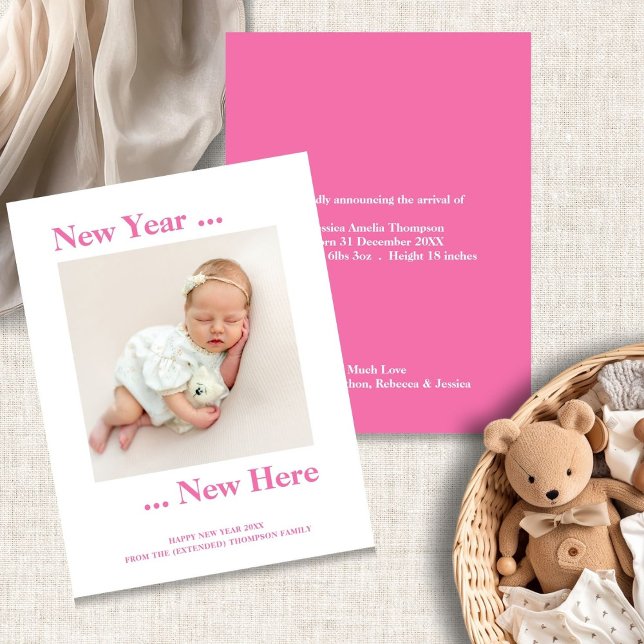 Budget New Year New Here Photo Birth Announcement  (front and back view)