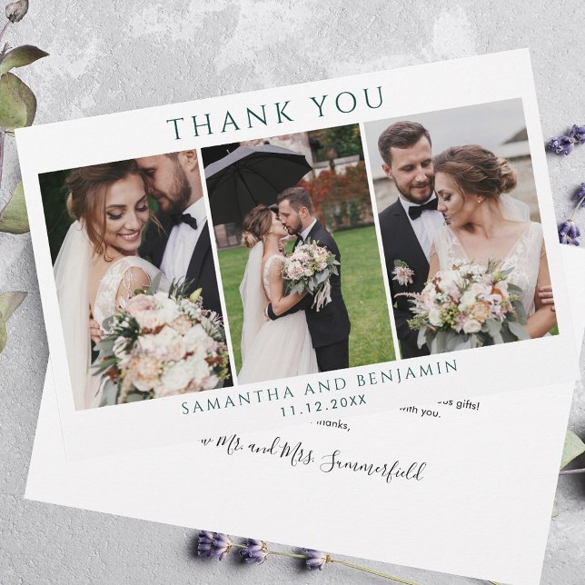 Budget Newlyweds 3 Photo Wedding Thank You Stationery (Modern Wedding 3 Photos Thank You Holrizontal card)