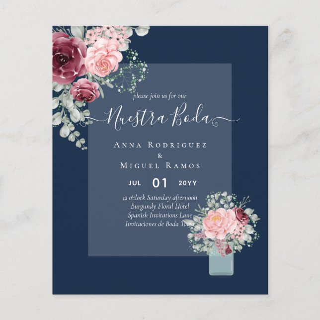 BUDGET Nuestra BODA Burgundy Pink Floral Wedding Flyer (Front)