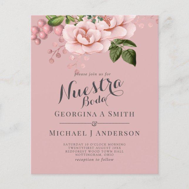 BUDGET Nuestra Boda Invitacion - Blush Pink Roses (Front)