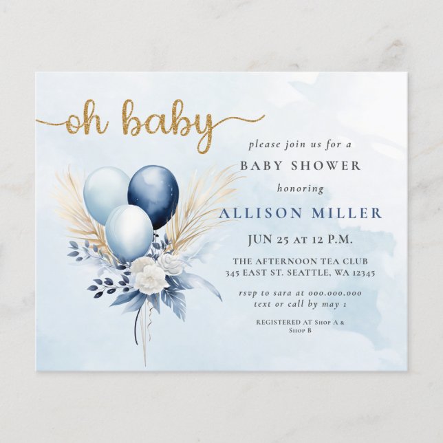Budget Oh Baby Blue Gold Boho Boy Baby Shower  (Front)