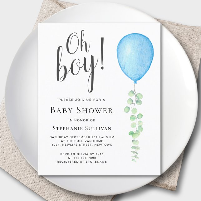 Budget Oh Boy Blue Balloon Baby Shower Invitation (Creator Uploaded)