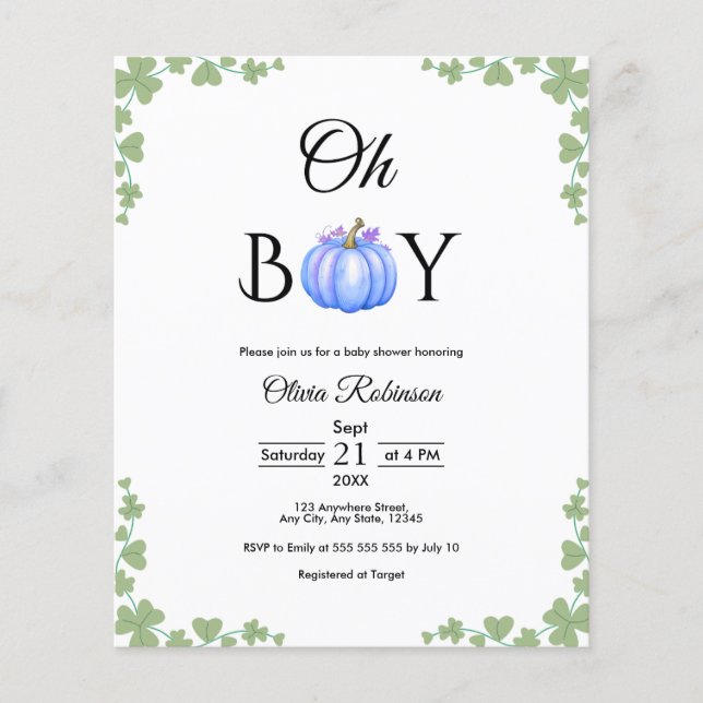 Budget Oh Boy Blue Pumpkin Fall Baby Shower Invite (Front)