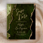 Budget Olive Green Agate Script Save the Date<br><div class="desc">This elegant wedding save the date card features a background image of olive green watercolor agate trimmed with faux gold glitter. The customisable text combines gold-coloured modern handwriting,  copperplate and italic fonts. The reverse side features a coordinating olive green and gold agate design.</div>