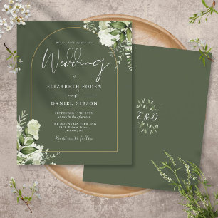 Budget Olive Green Floral Gold Arch Wedding Invite