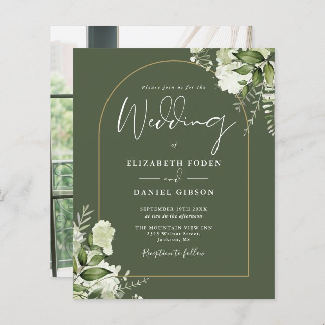 Budget Olive Green Floral Photo Wedding Invite (Front/Back)