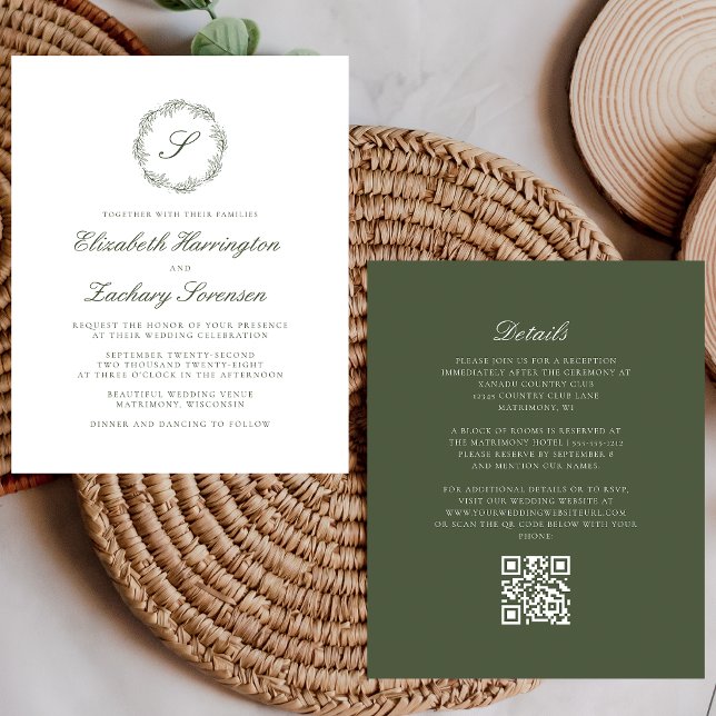 Budget Olive Green Monogram Wreath QR Code Wedding (Creator Uploaded)