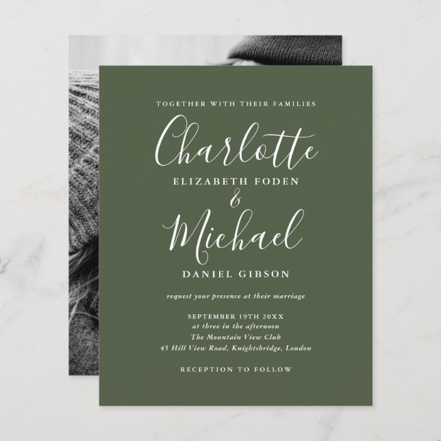 Budget Olive Green Script Photo Wedding Invitation (Front/Back)