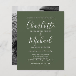 Budget Olive Green Script Photo Wedding Invitation
