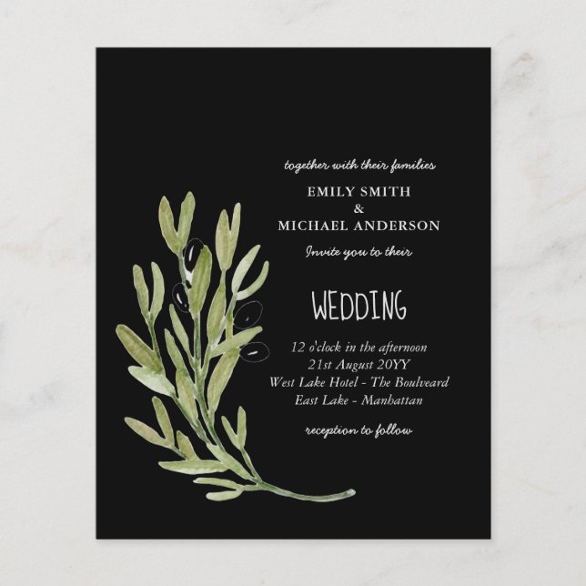 BUDGET OLIVE LEAVES Modern Minimalist Wedding Inv Flyer (Front)