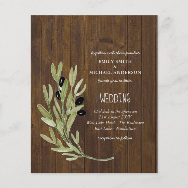 BUDGET OLIVE LEAVES Modern Minimalist Wedding Inv Flyer (Front)