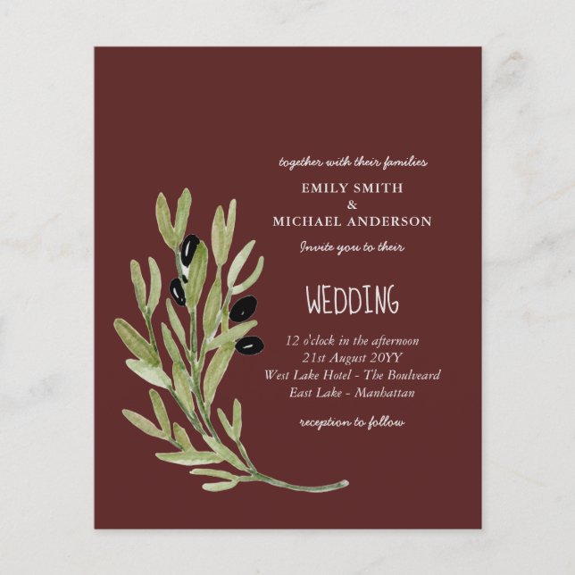 BUDGET OLIVE LEAVES Modern Minimalist Wedding Inv Flyer (Front)