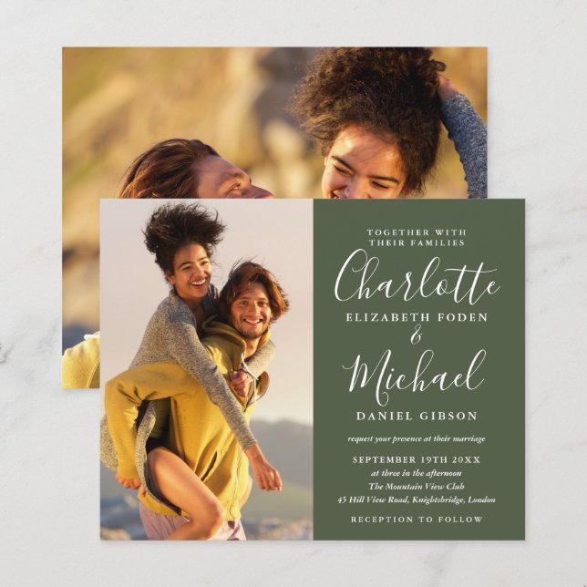 Budget Olive Script Photos Wedding Invitation (Front/Back)