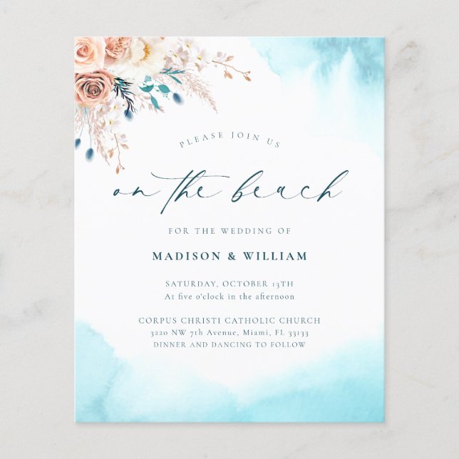 Budget On the Beach Blue Wedding Invitation (Front)