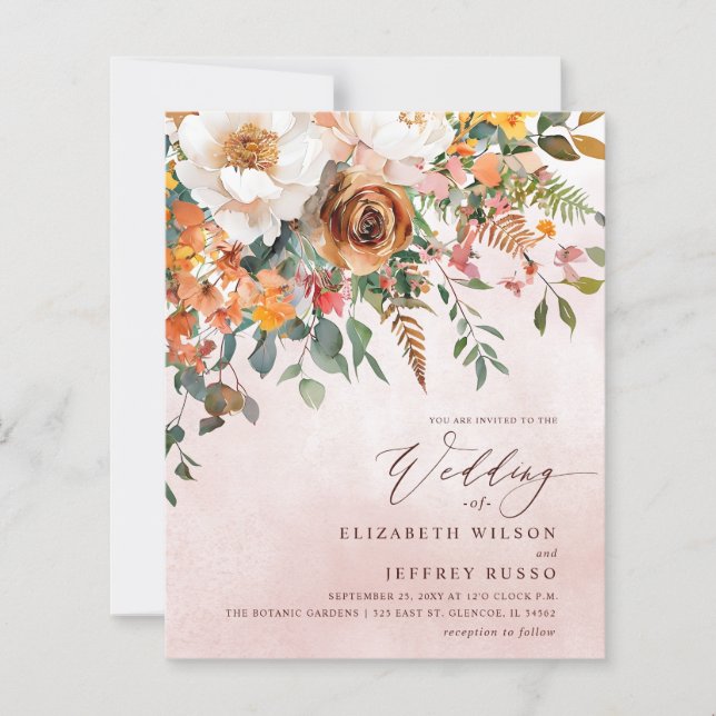 Budget Orange Floral Fall Wedding Invitation (Front)